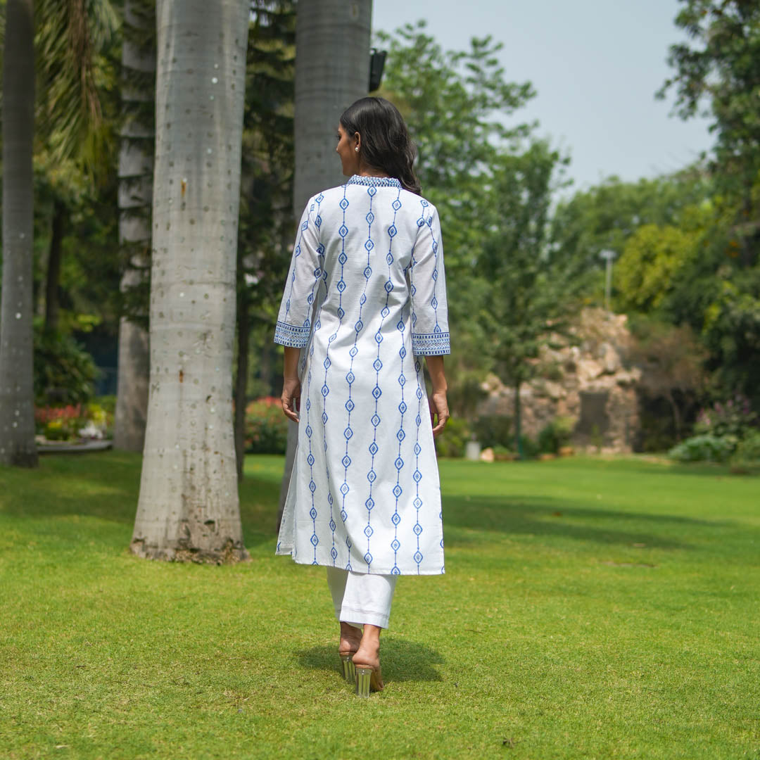 White Hand Block Printed Straight Kurta with V neck