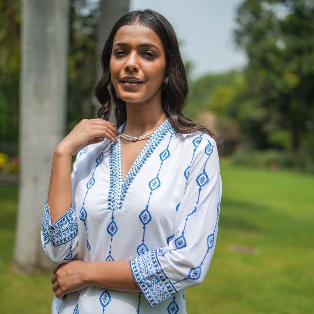 White Hand Block Printed Straight Kurta with V neck