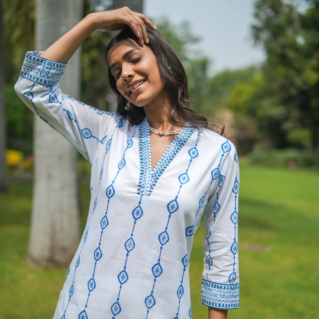 White Hand Block Printed Straight Kurta with V neck