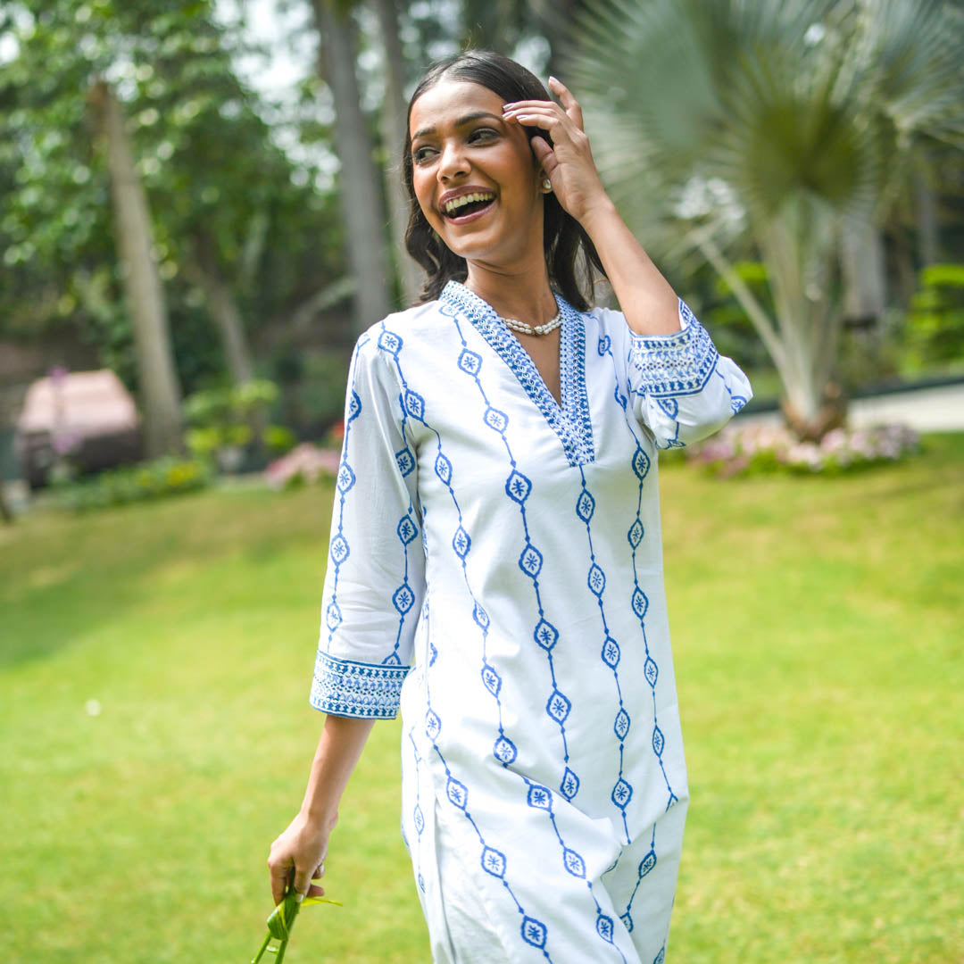 White Hand Block Printed Straight Kurta with V neck