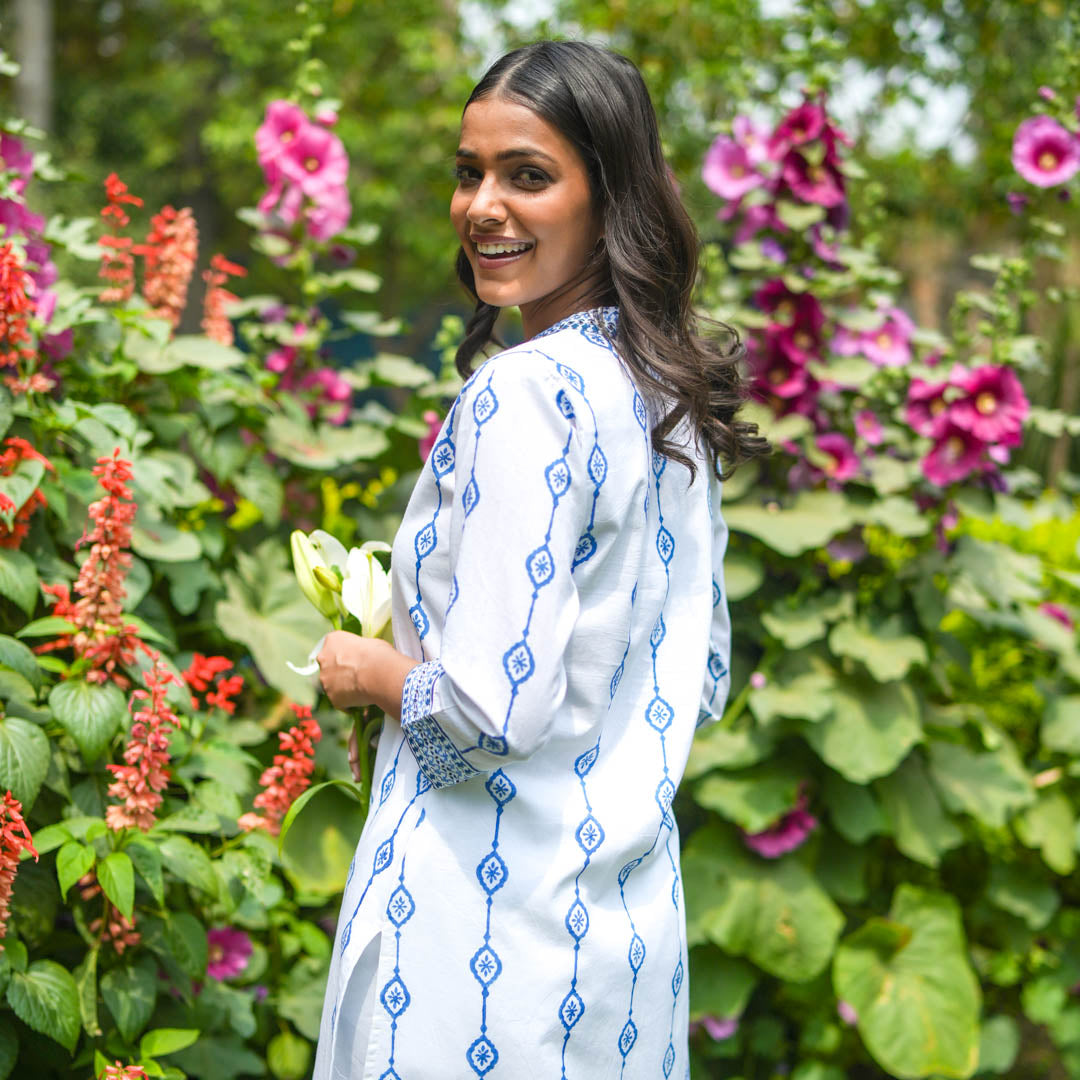 White Hand Block Printed Straight Kurta with V neck