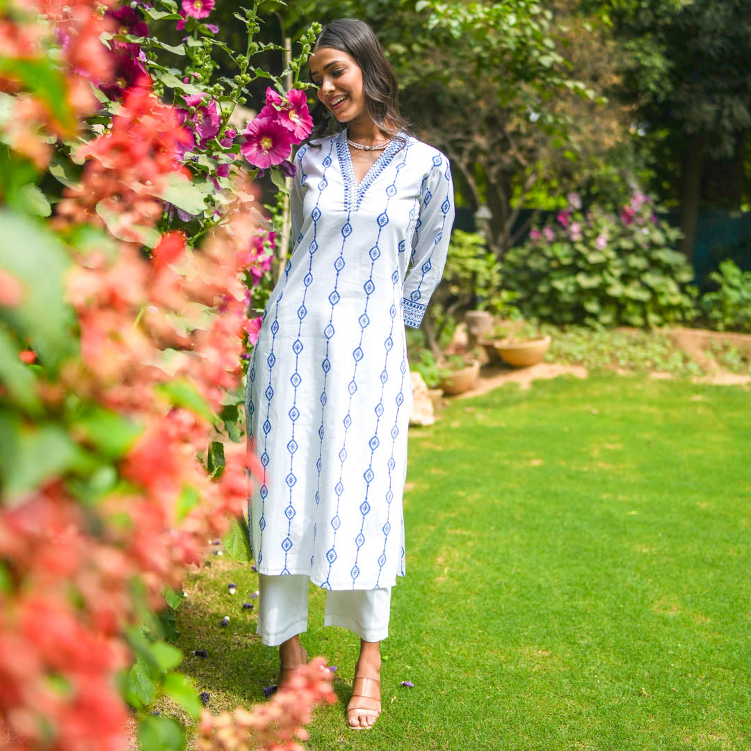 White Hand Block Printed Straight Kurta with V neck