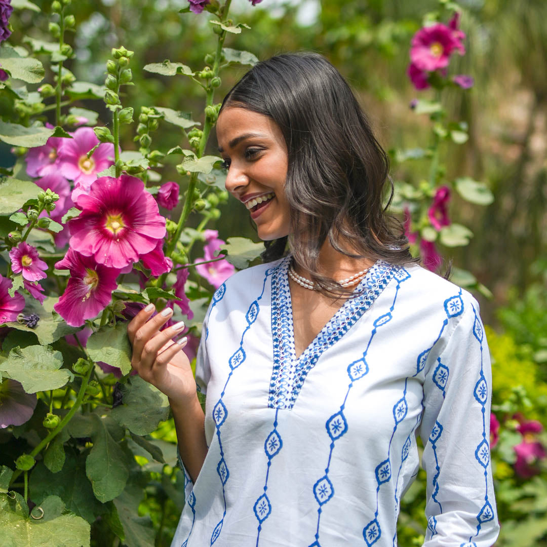 White Hand Block Printed Straight Kurta with V neck