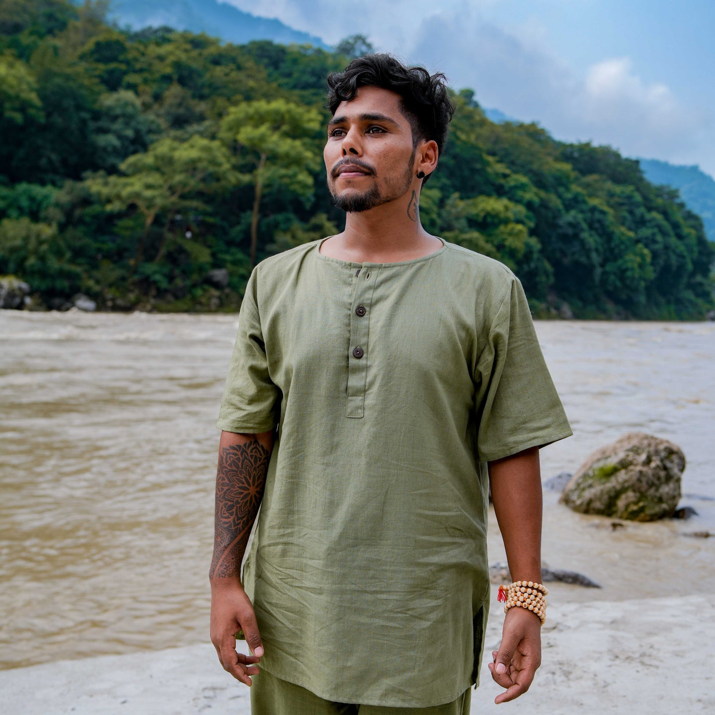 Men Cotton Yoga Top Green -Sattva |AKISO