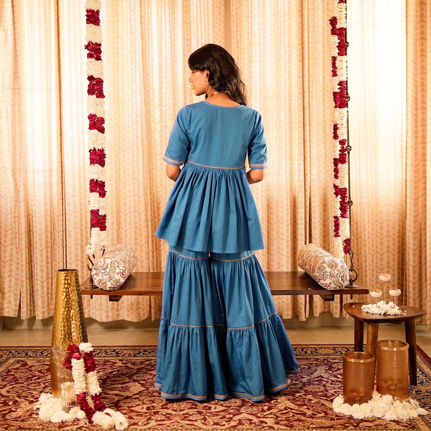 Solid Blue Peplum Short Kurta with Tiered Sharara (Set of 2)