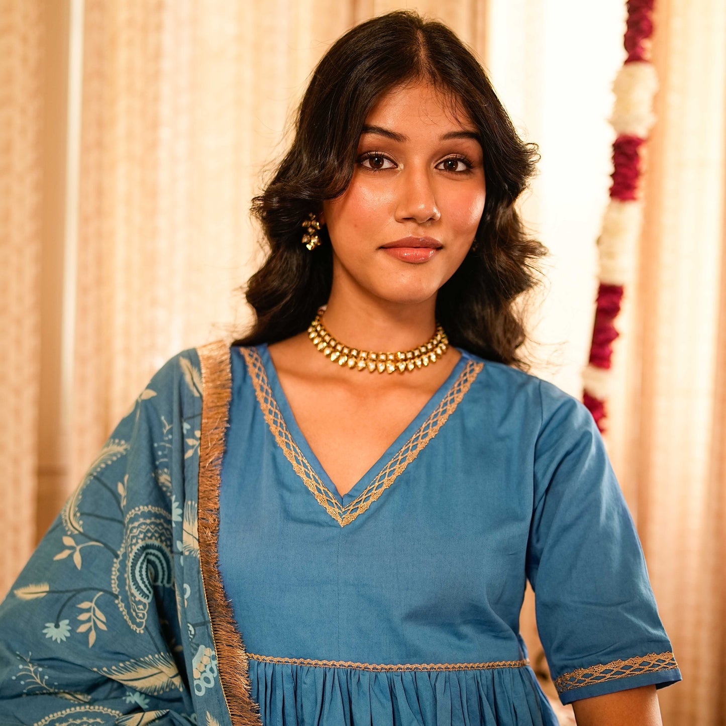 Solid Blue Peplum Short Kurta with Tiered Sharara (Set of 2)