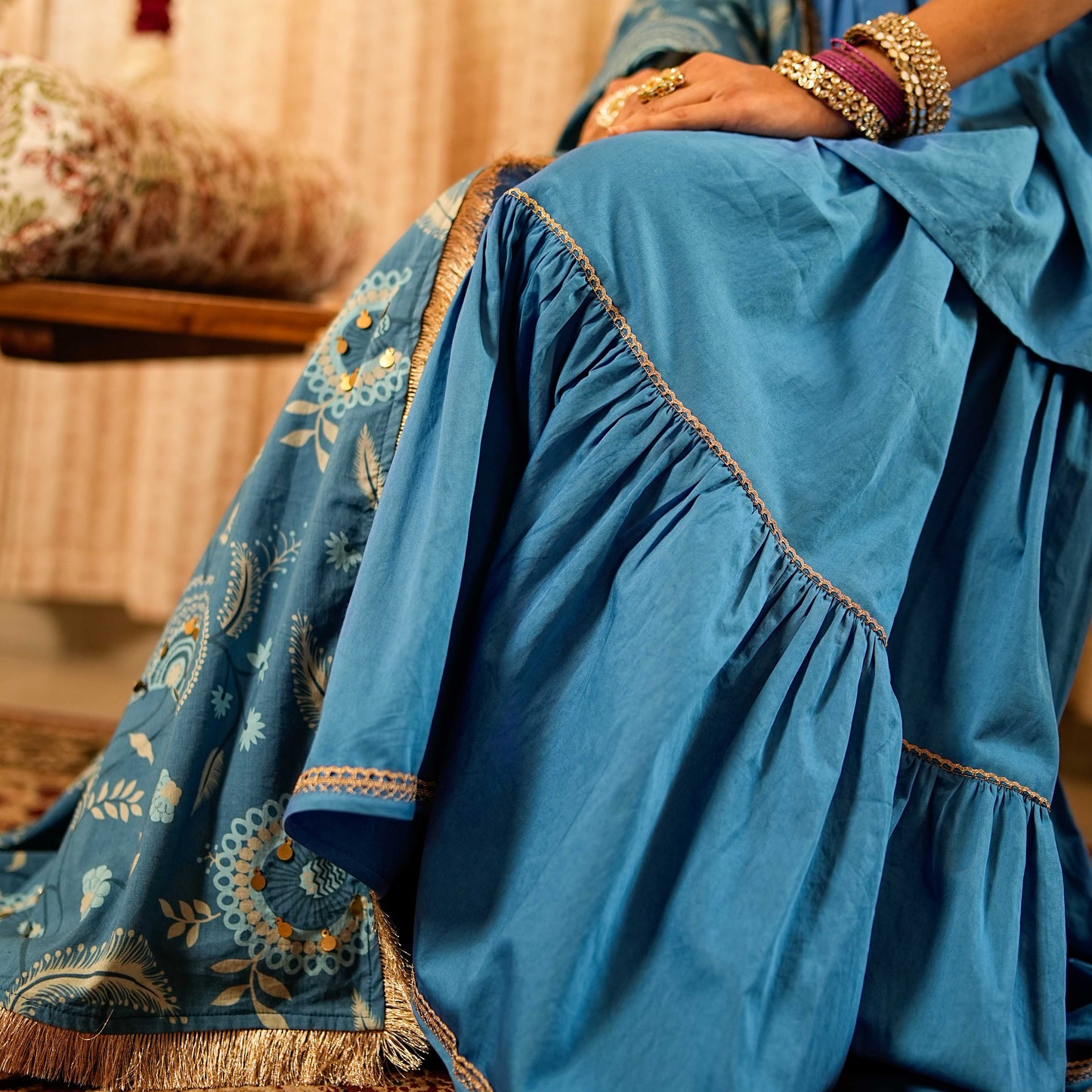 Solid Blue Peplum Short Kurta with Tiered Sharara (Set of 2)