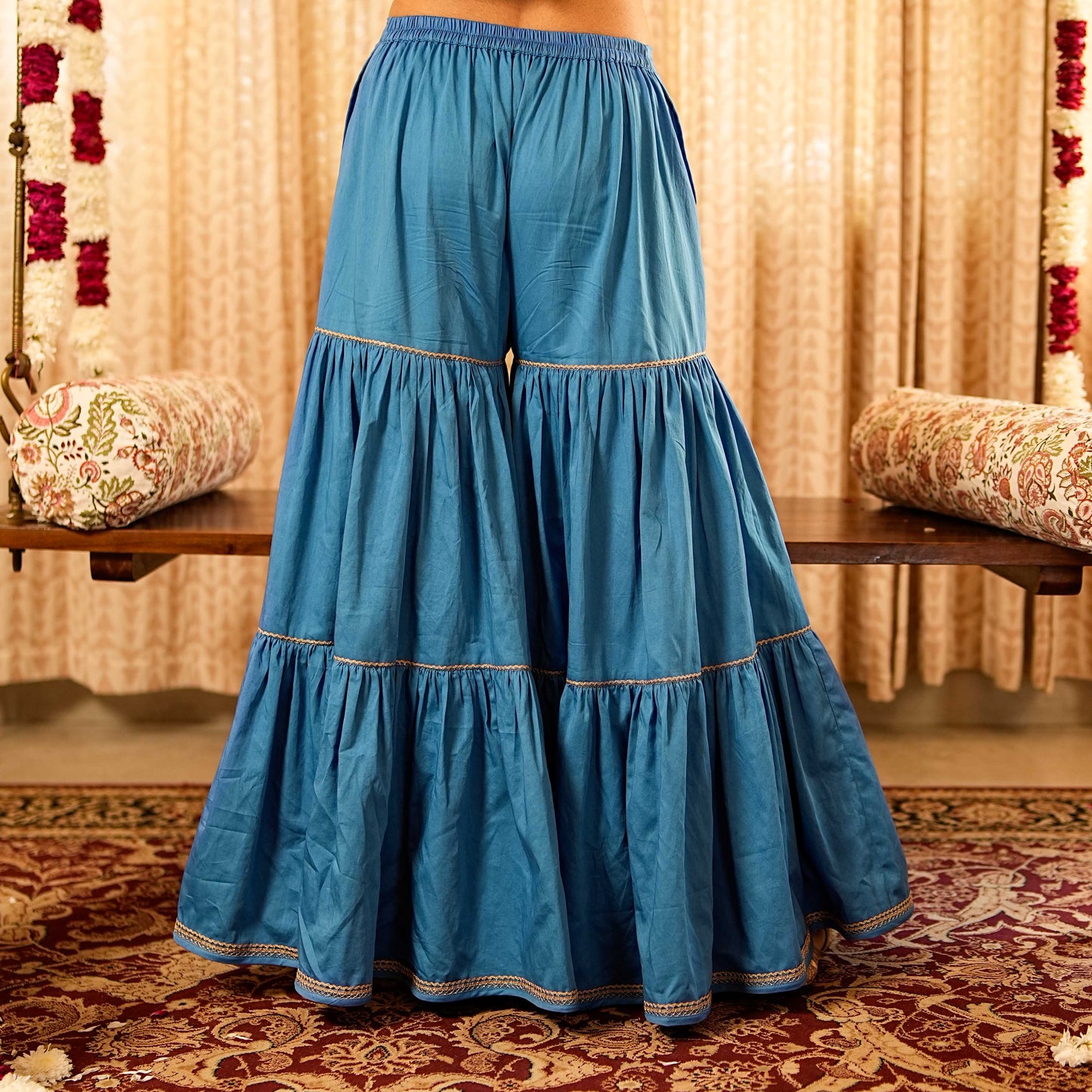 Solid Blue Tiered Peplum Short Kurta with Tiered Sharara and Printed Dupatta (Set of 3)