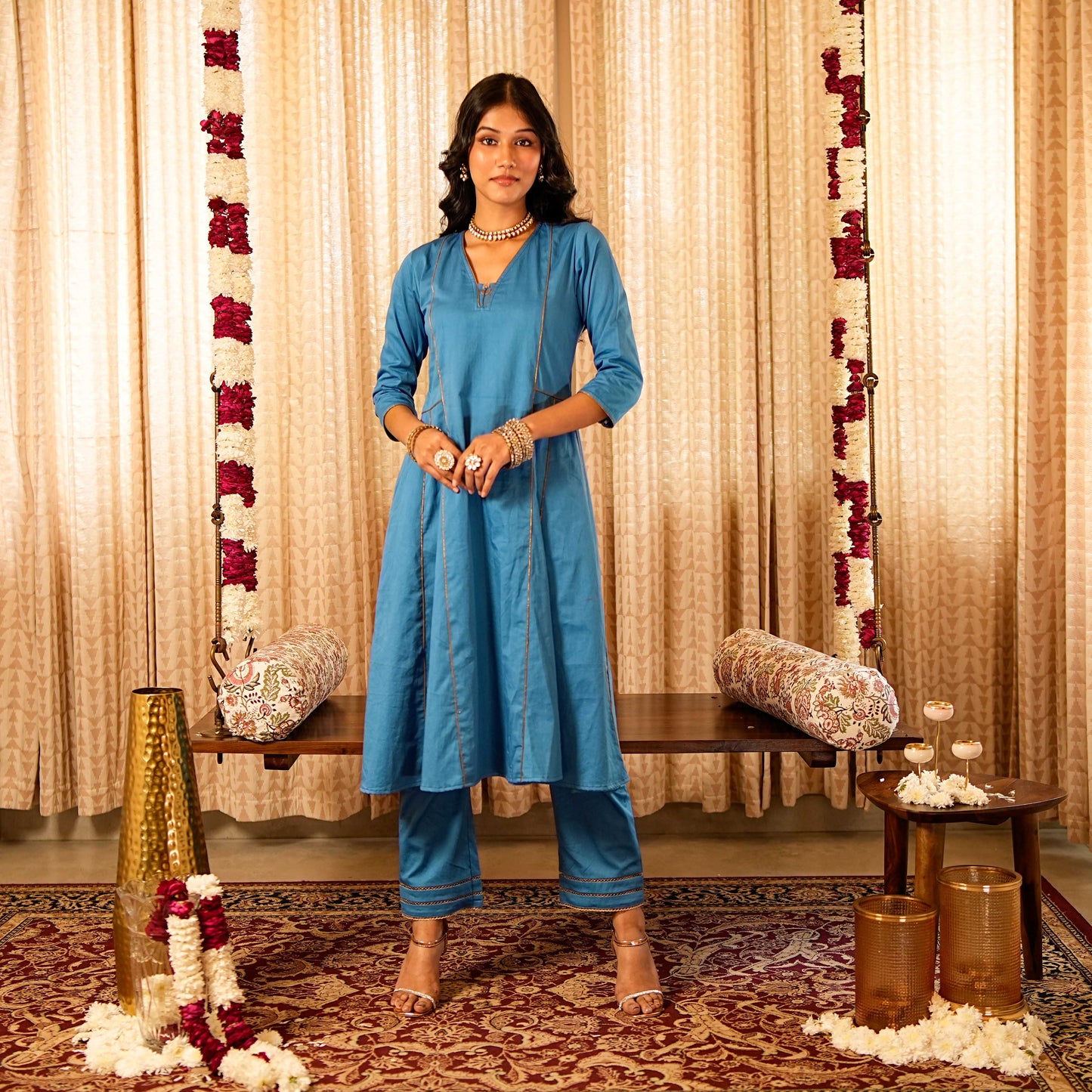 Solid Blue Panelled Anarkali Kurta with Straight Pants and Printed Dupatta (Set of 3)