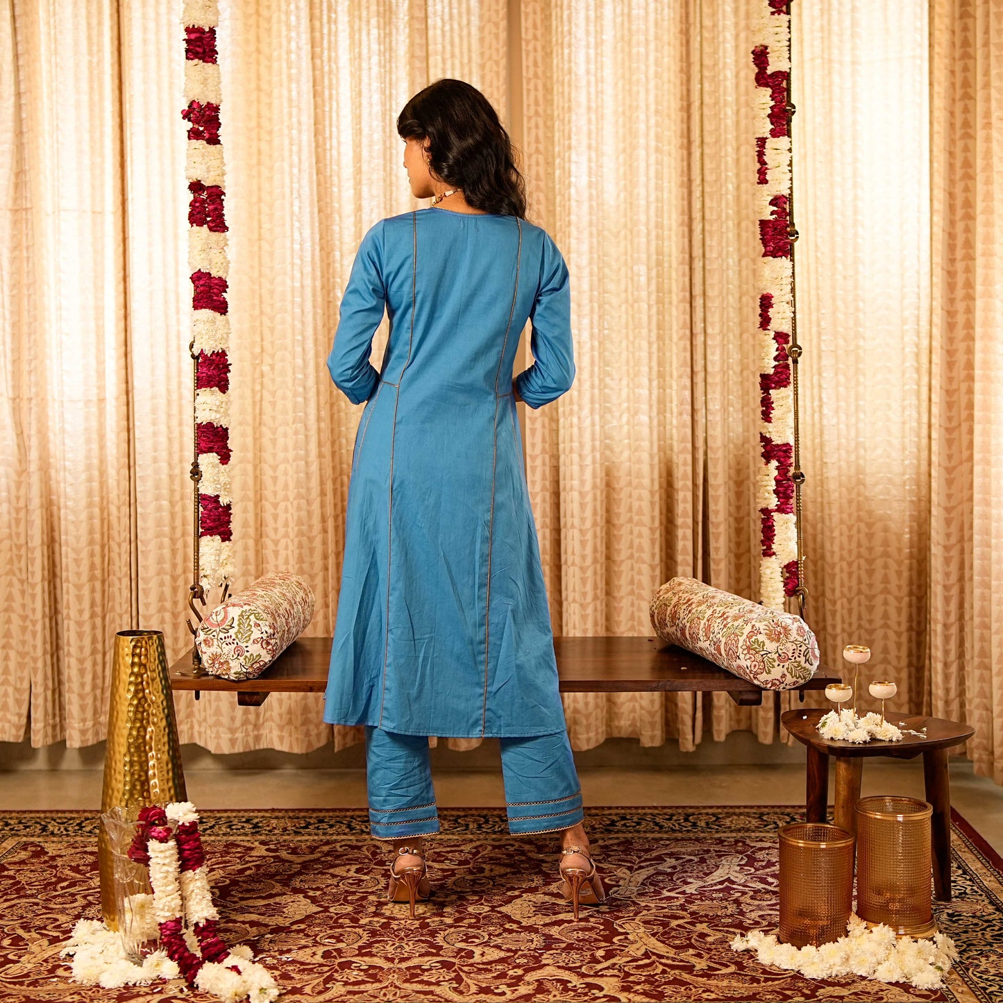 Solid Blue Panelled Anarkali Kurta with Straight Pants and Printed Dupatta (Set of 3)