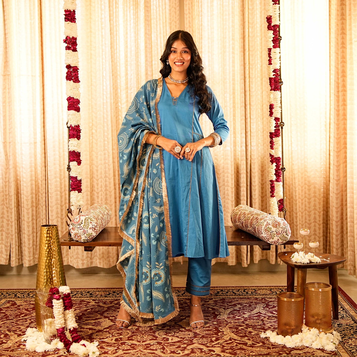 Solid Blue Panelled Anarkali Kurta with Straight Pants and Printed Dupatta (Set of 3)