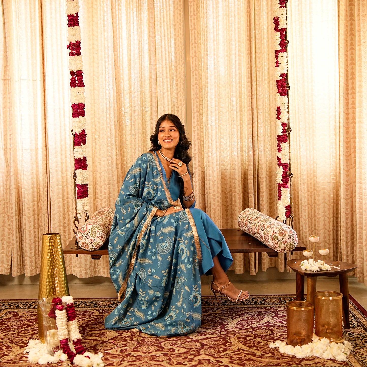 Solid Blue Panelled Anarkali Kurta with Straight Pants and Printed Dupatta (Set of 3)