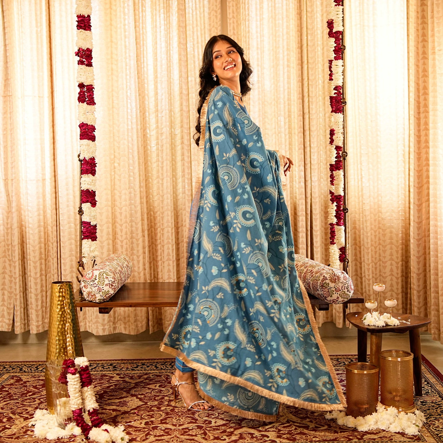 Solid Blue Panelled Anarkali Kurta with Straight Pants and Printed Dupatta (Set of 3)