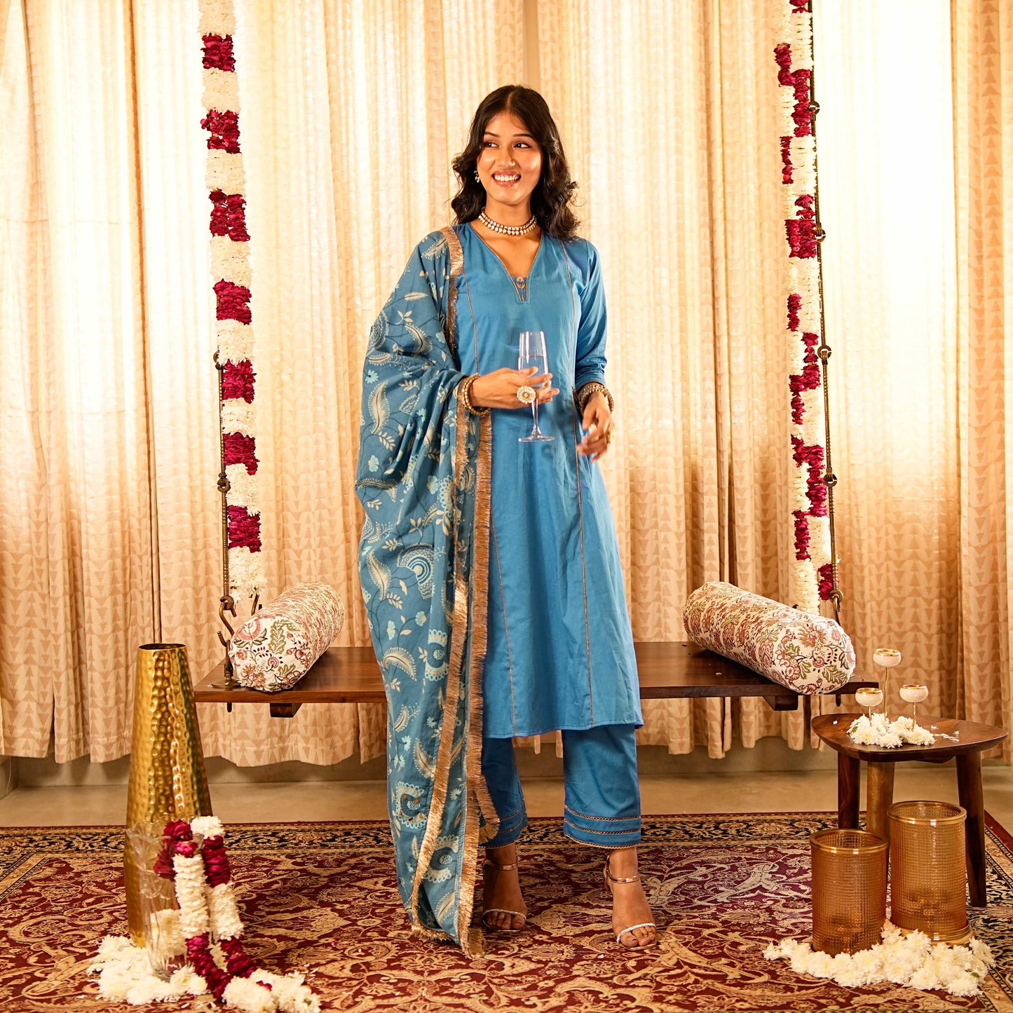 Solid Blue Panelled Anarkali Kurta with Straight Pants and Printed Dupatta (Set of 3)