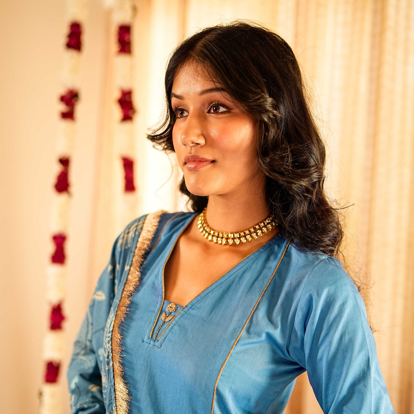 Solid Blue Panelled Anarkali Kurta with Straight Pants and Printed Dupatta (Set of 3)