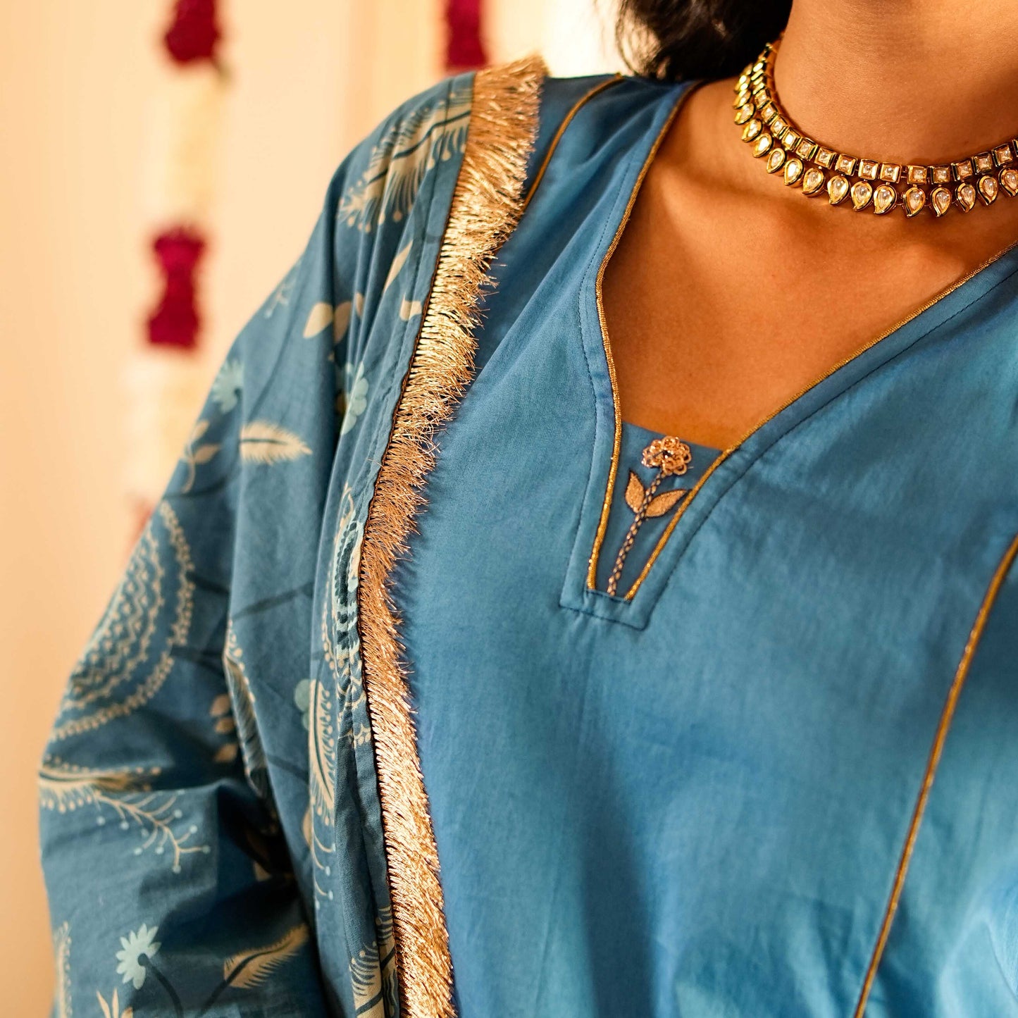 Solid Blue Panelled Anarkali Kurta with Straight Pants and Printed Dupatta (Set of 3)