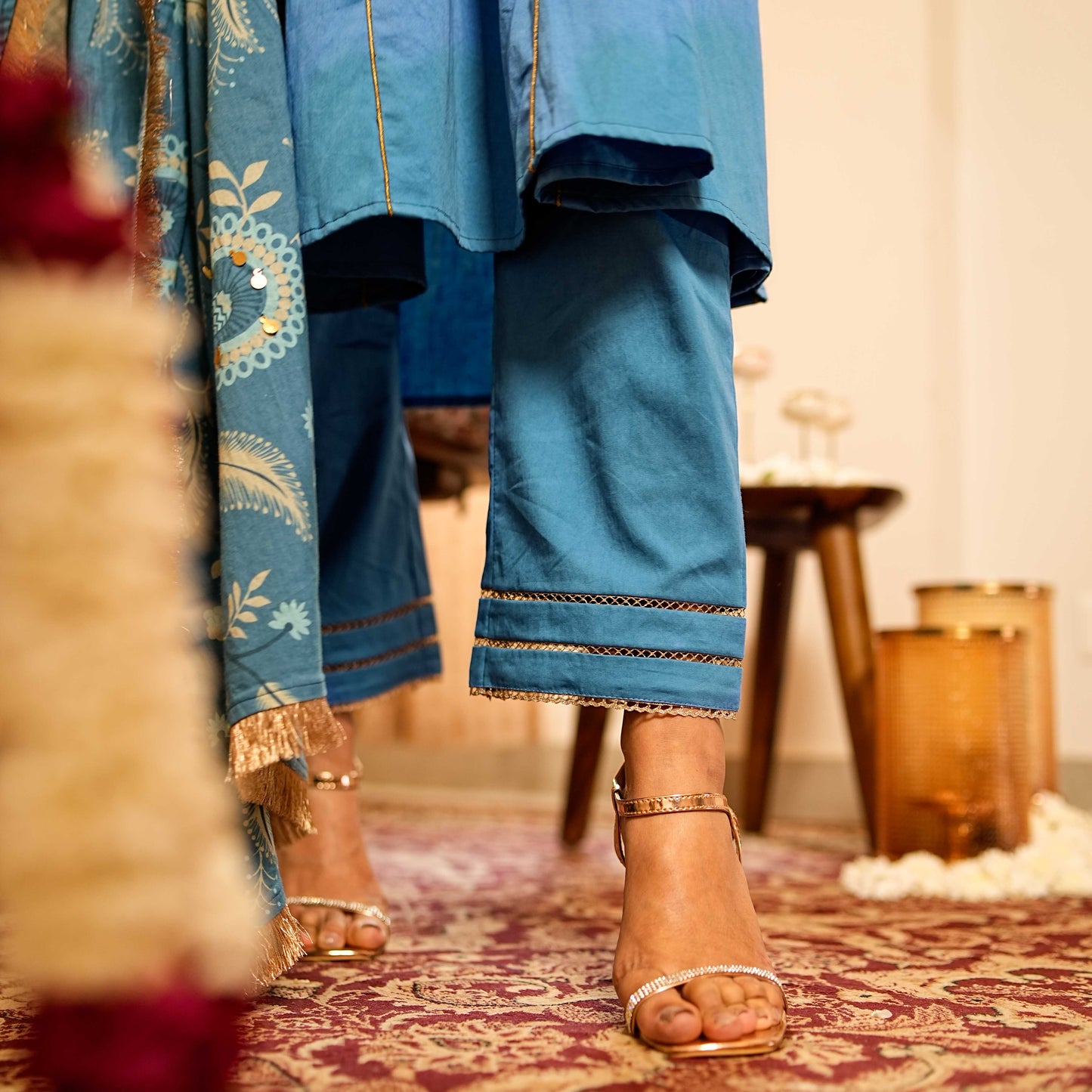 Solid Blue Panelled Anarkali Kurta with Straight Pants and Printed Dupatta (Set of 3)