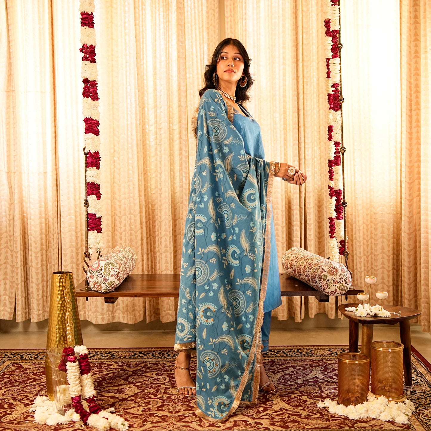 Solid Blue Sleeveless Straight Fit Kurta with Straight Pants and Printed Dupatta (Set of 3)