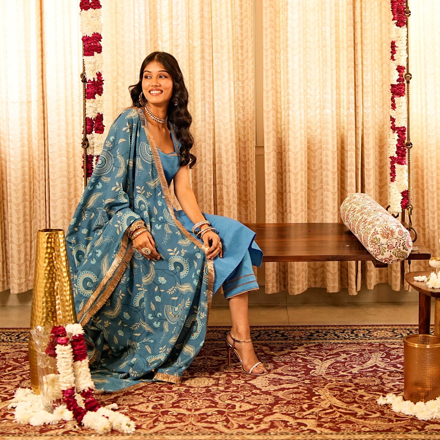 Solid Blue Sleeveless Straight Fit Kurta with Straight Pants and Printed Dupatta (Set of 3)
