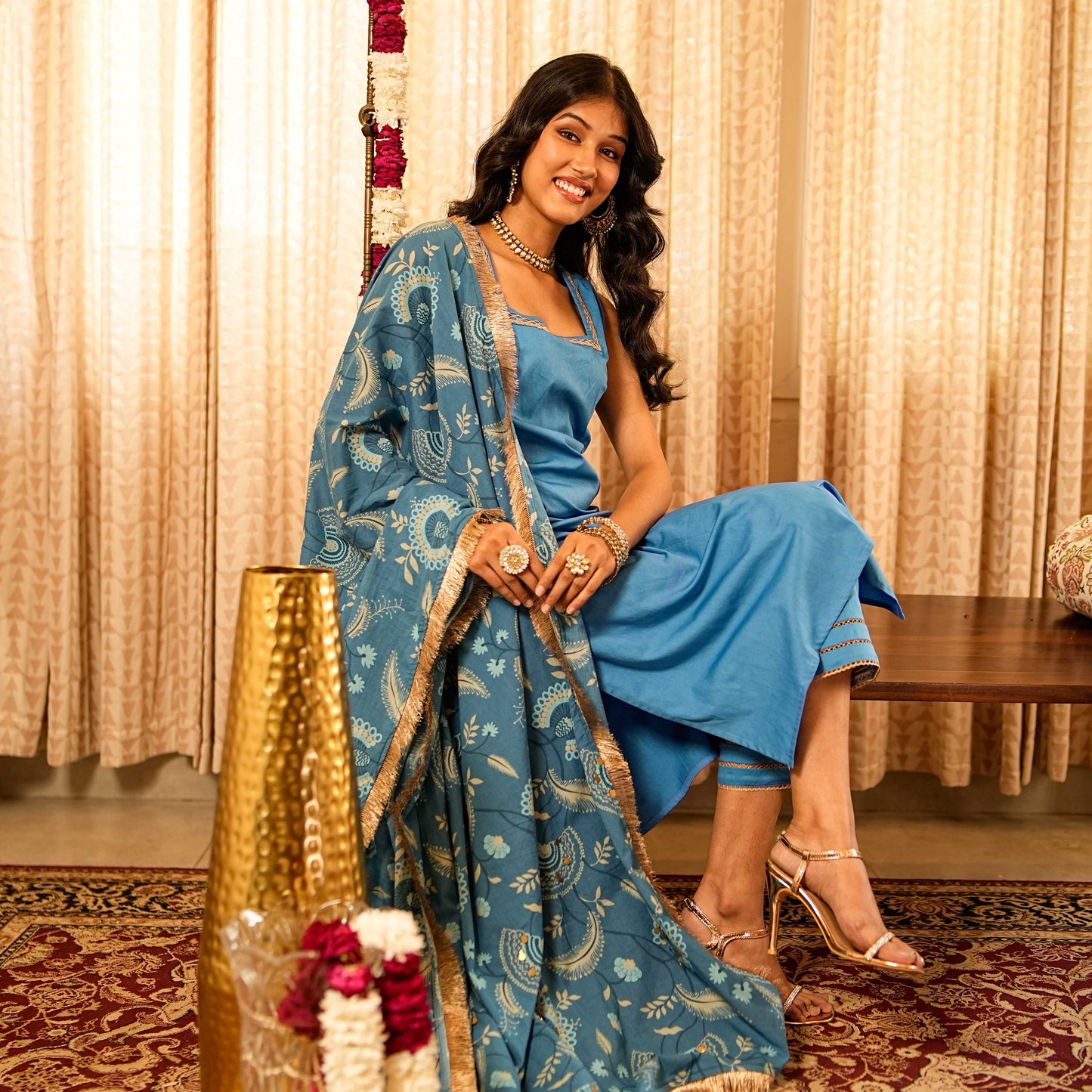 Solid Blue Sleeveless Straight Fit Kurta with Straight Pants and Printed Dupatta (Set of 3)