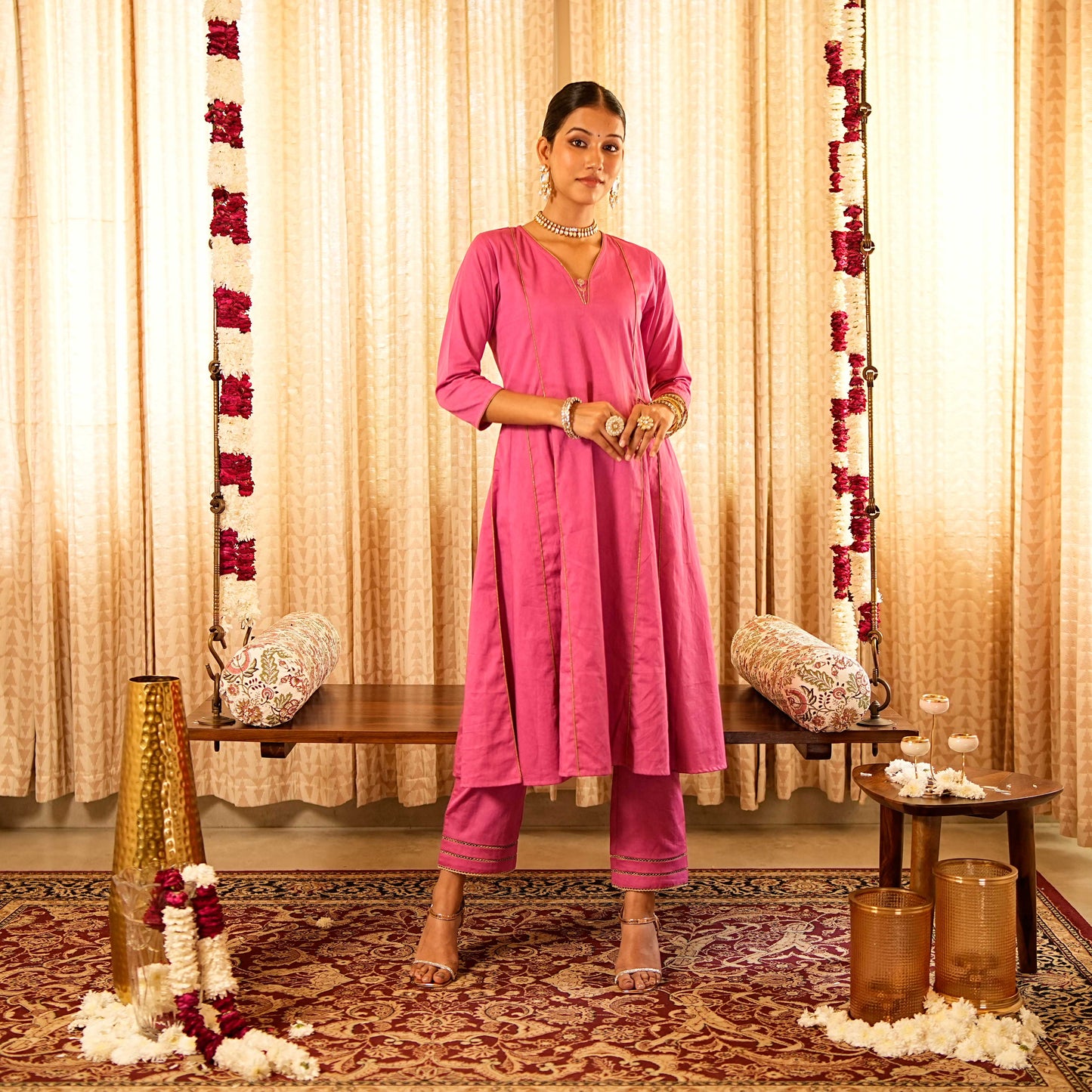 Solid Pink Panelled Anarkali Kurta with Straight Pants and Printed Dupatta (Set of 3)