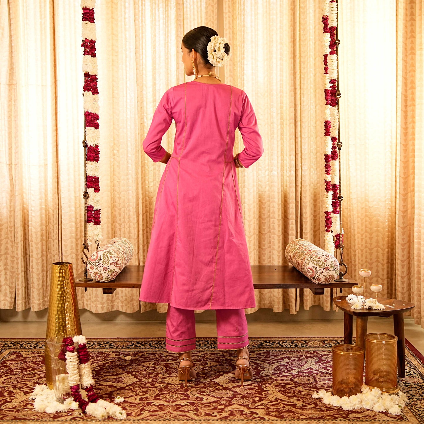 Solid Pink Panelled Anarkali Kurta with Straight Pants and Printed Dupatta (Set of 3)
