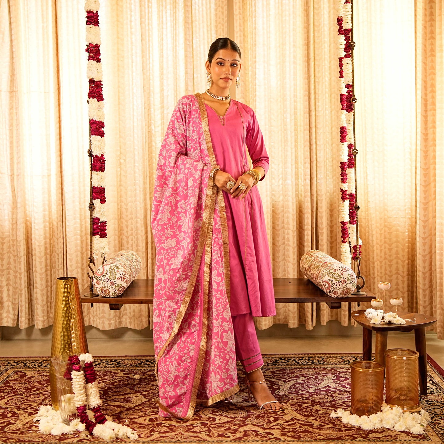 Solid Pink Panelled Anarkali Kurta with Straight Pants and Printed Dupatta (Set of 3)