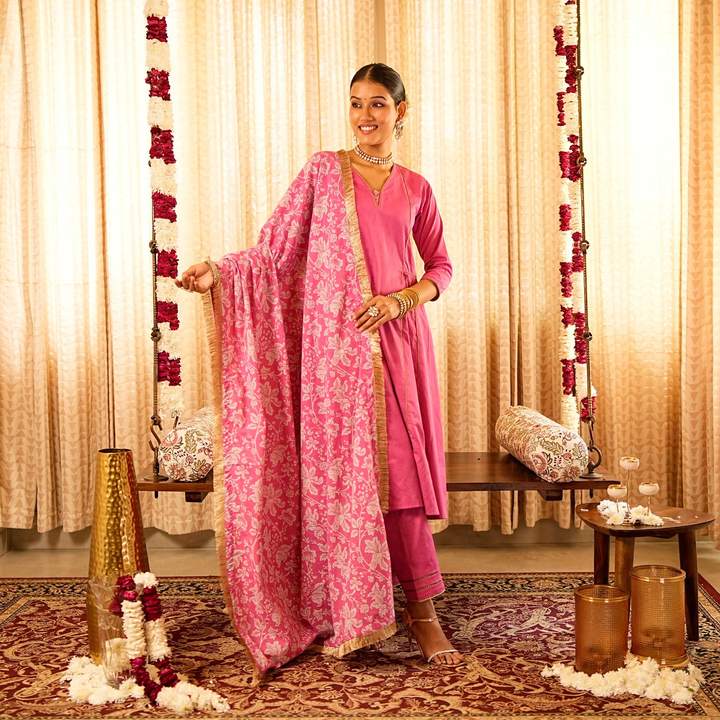 Solid Pink Panelled Anarkali Kurta with Straight Pants and Printed Dupatta (Set of 3)
