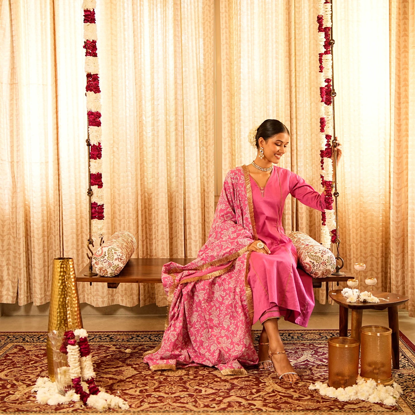 Solid Pink Panelled Anarkali Kurta with Straight Pants and Printed Dupatta (Set of 3)