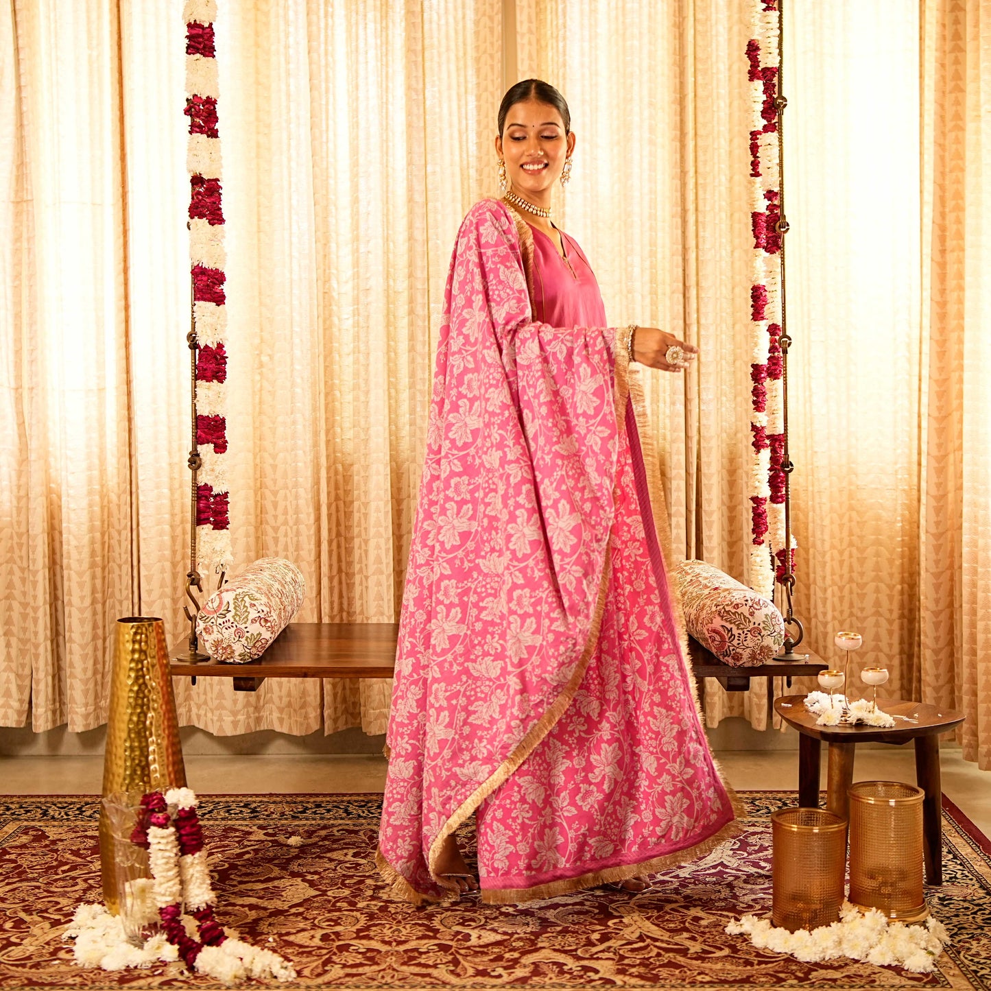 Solid Pink Panelled Anarkali Kurta with Straight Pants and Printed Dupatta (Set of 3)