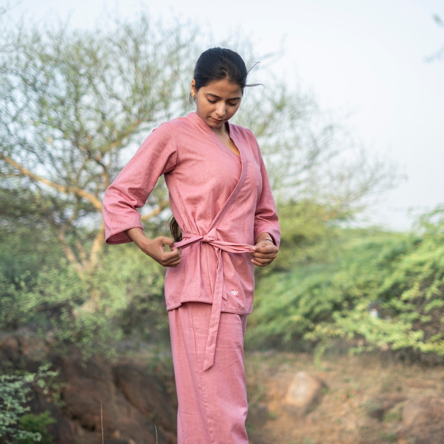 Akiso pink cotton yoga top for women – side tie style