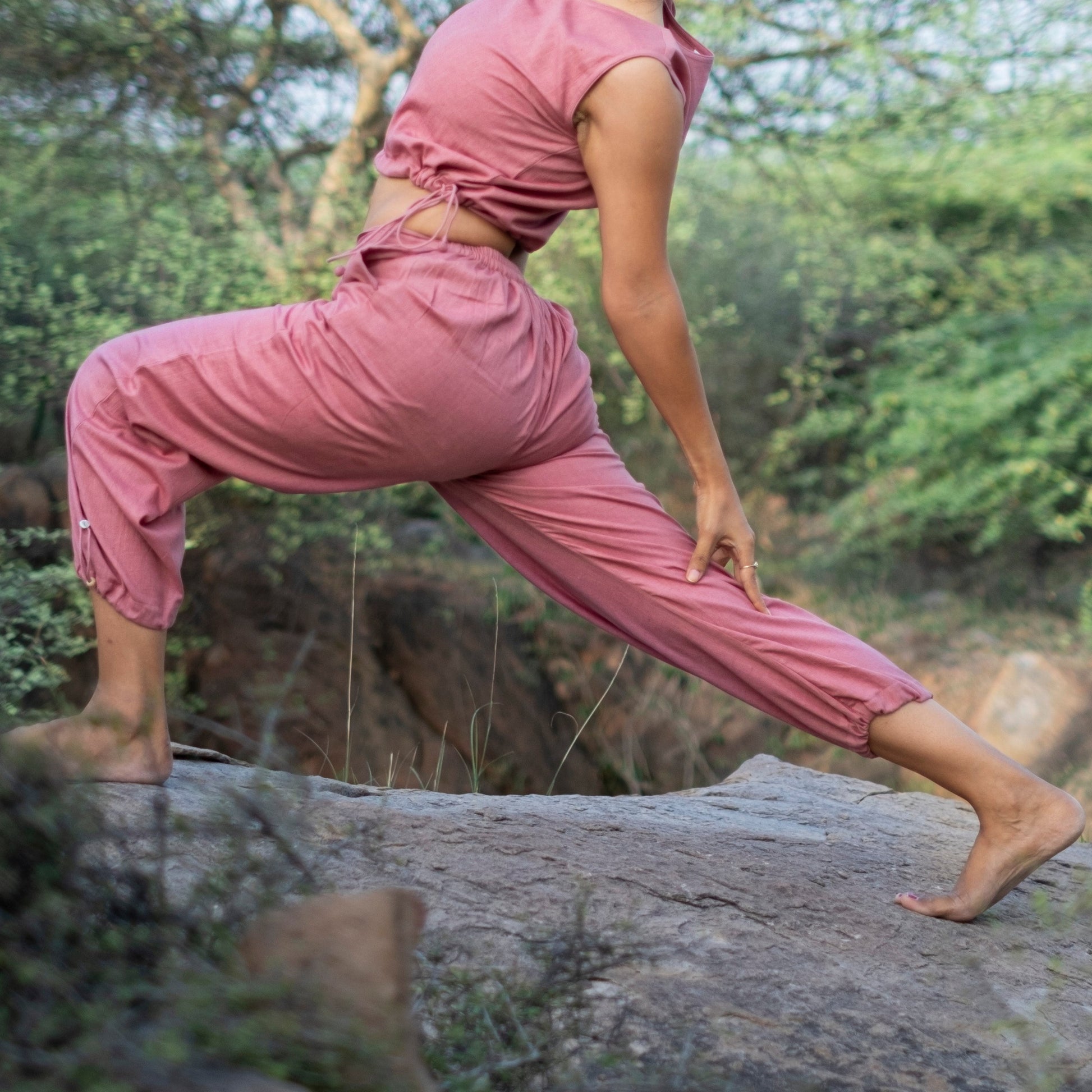 Women Cotton Yoga Pants with string pull Pink -Ananda |AKISO