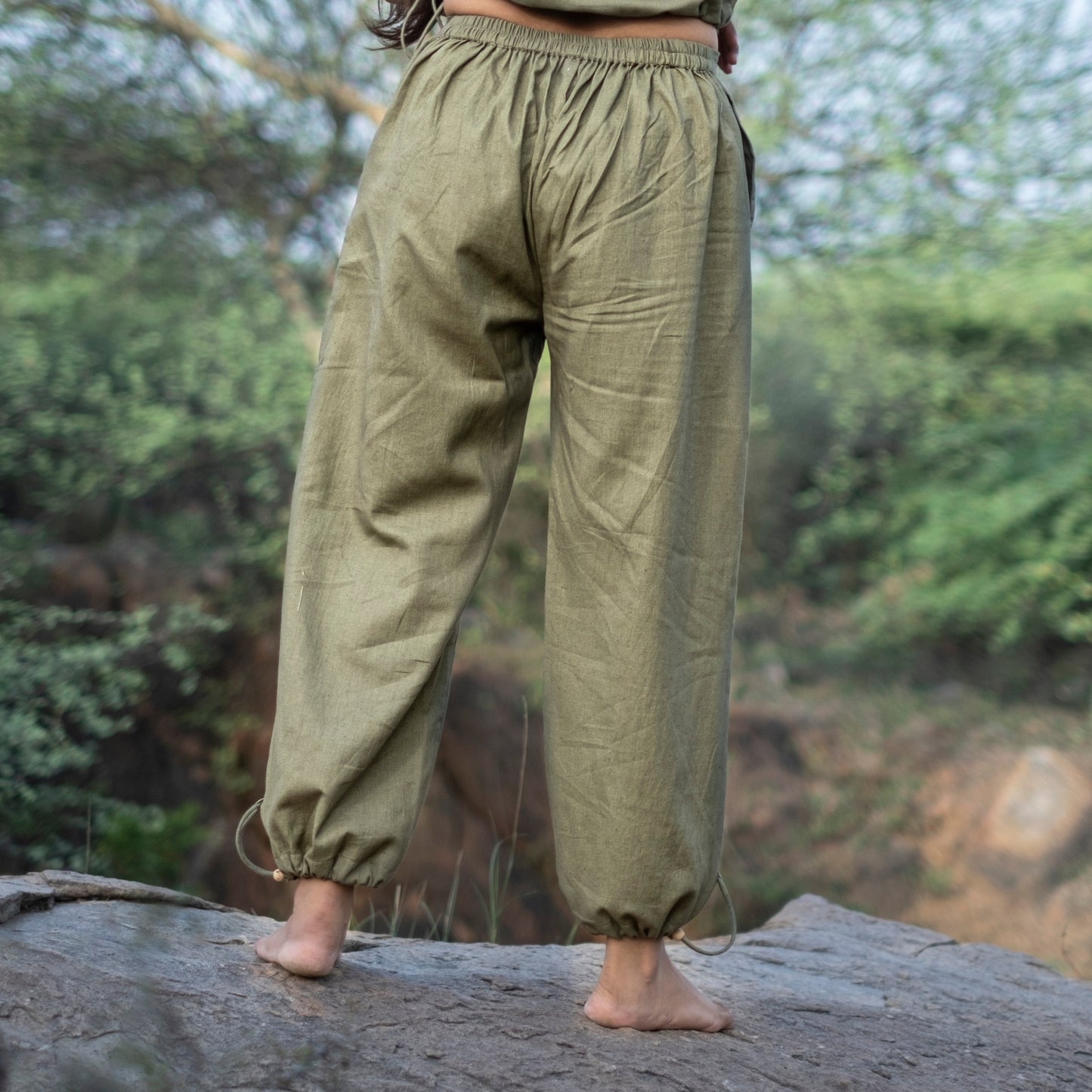 Cotton Yoga Pants in Green with String Pull |AKISO