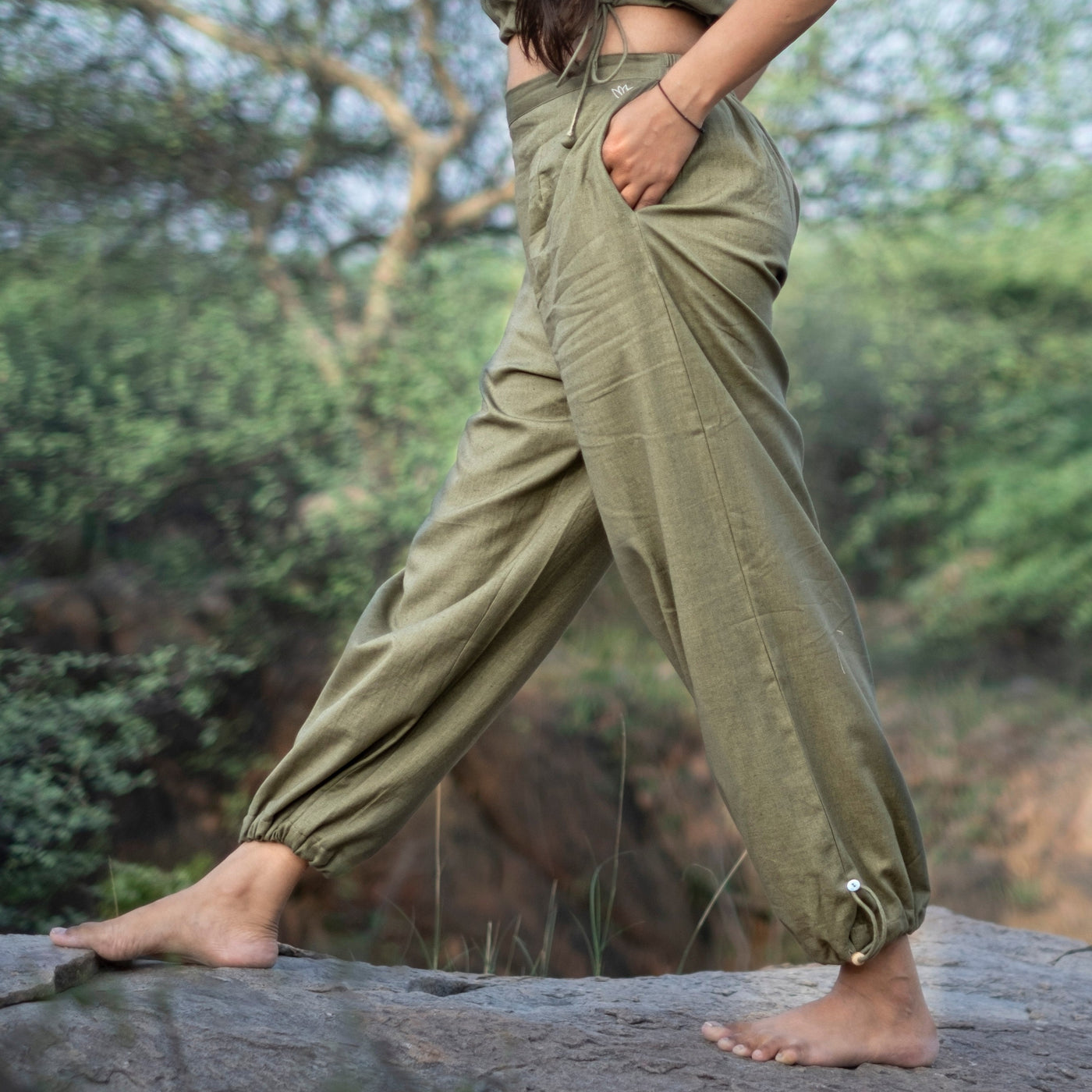 Women Cotton Yoga Pants with string pull Green -Ananda — view 6