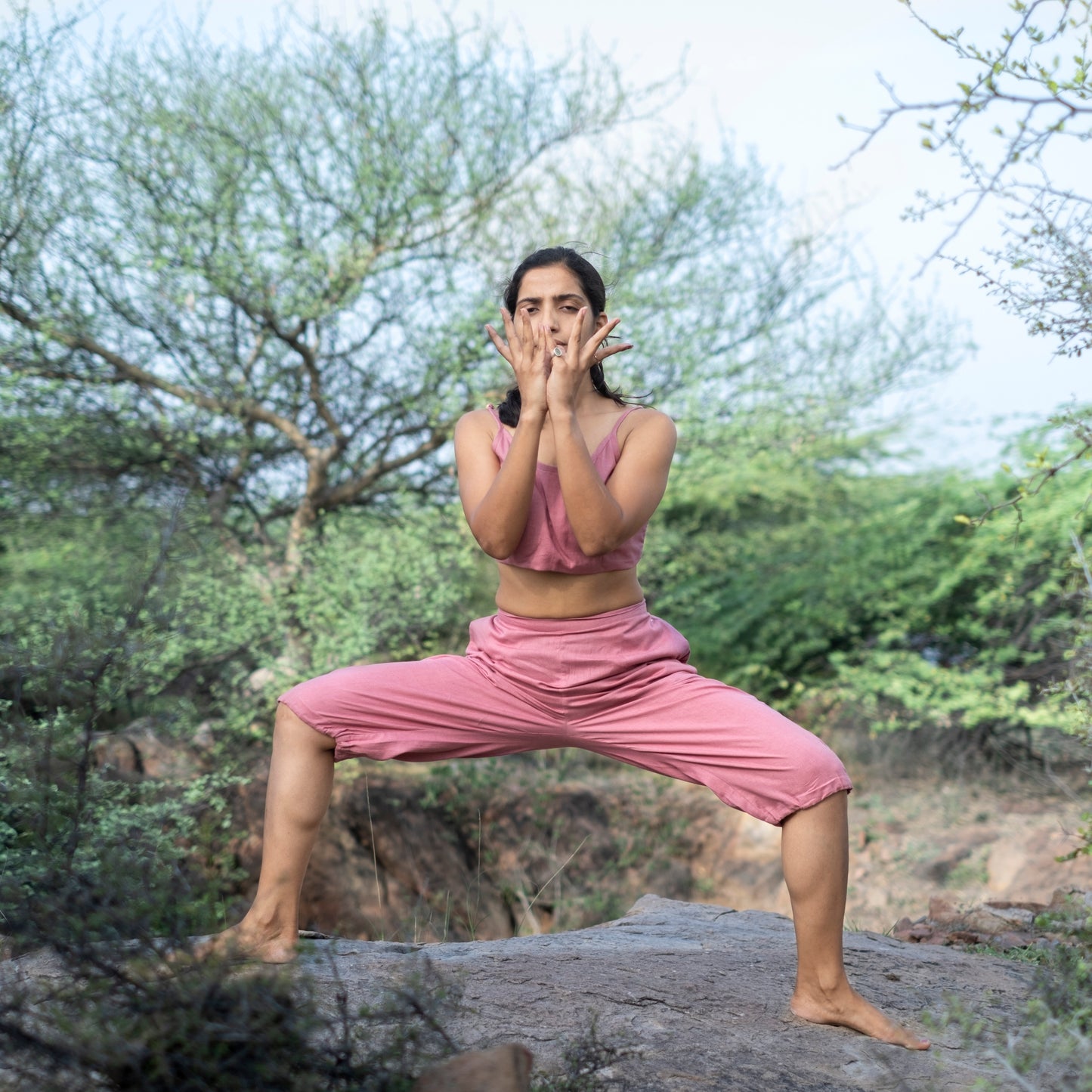 Comfortable cotton yoga pants in pink for everyday practice