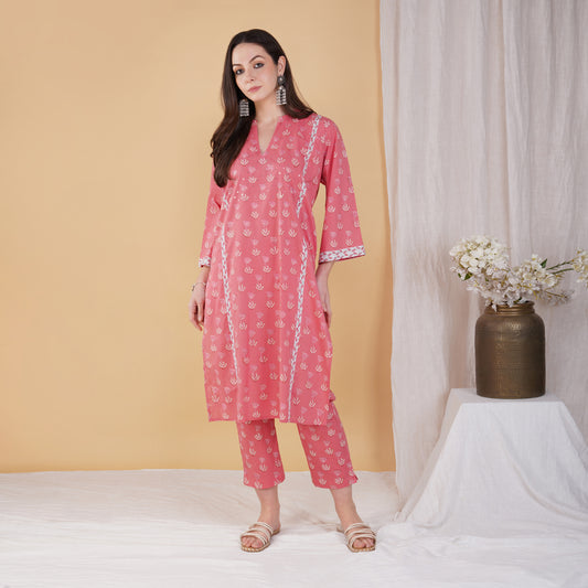 Pink Hand Block Printed Phiran Style Kurta with Hand Embroidery Set with Pants (Set of 2)