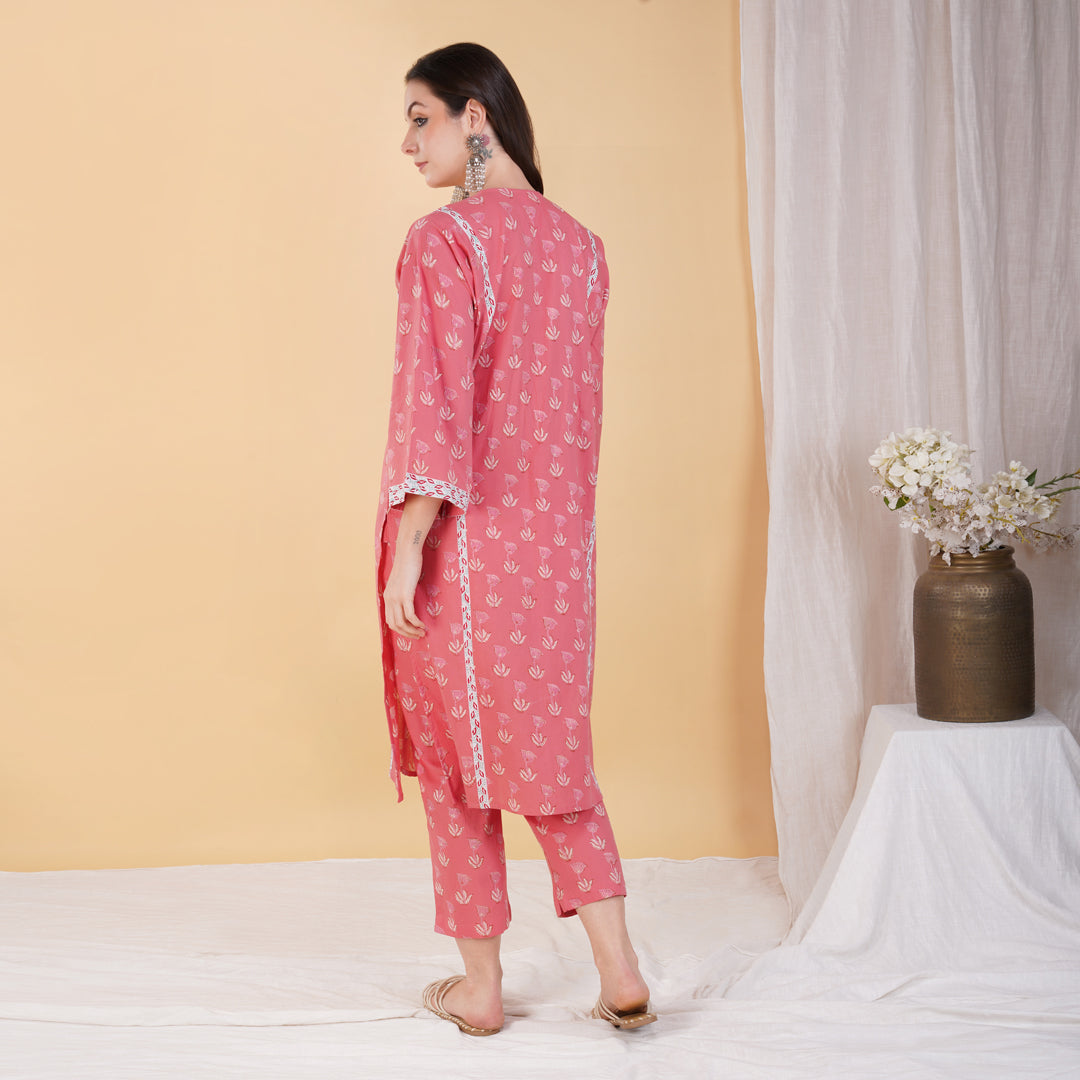 Pink Hand Block Printed Phiran Style Kurta with Hand Embroidery Set with Pants (Set of 2)
