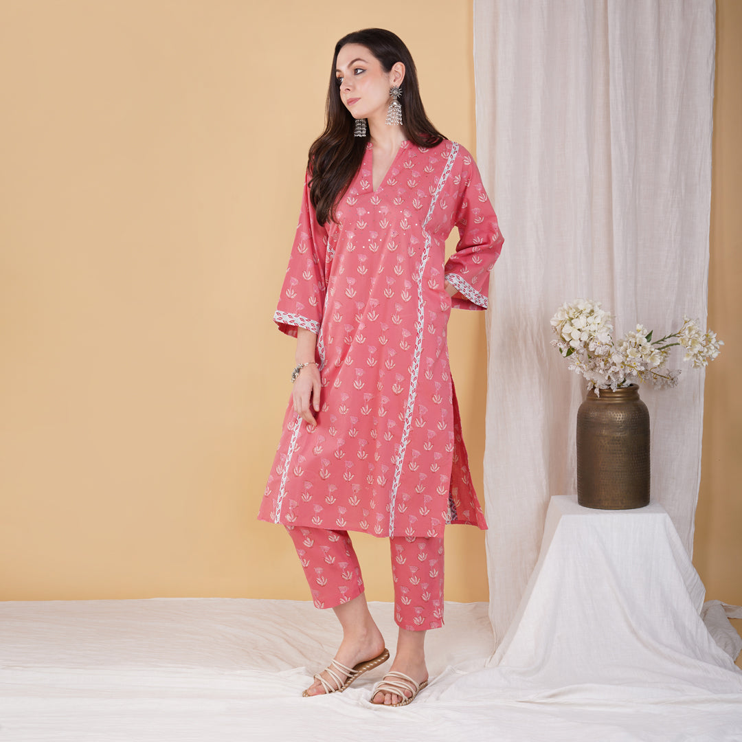 Pink Hand Block Printed Phiran Style Kurta with Hand Embroidery Set with Pants (Set of 2)
