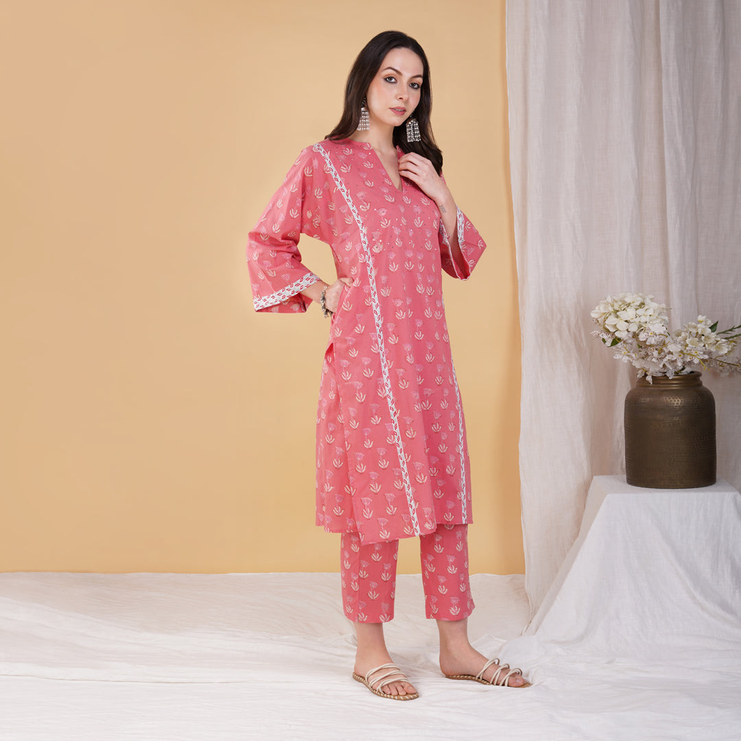 Pink Hand Block Printed Phiran Style Kurta with Hand Embroidery Set with Pants (Set of 2)
