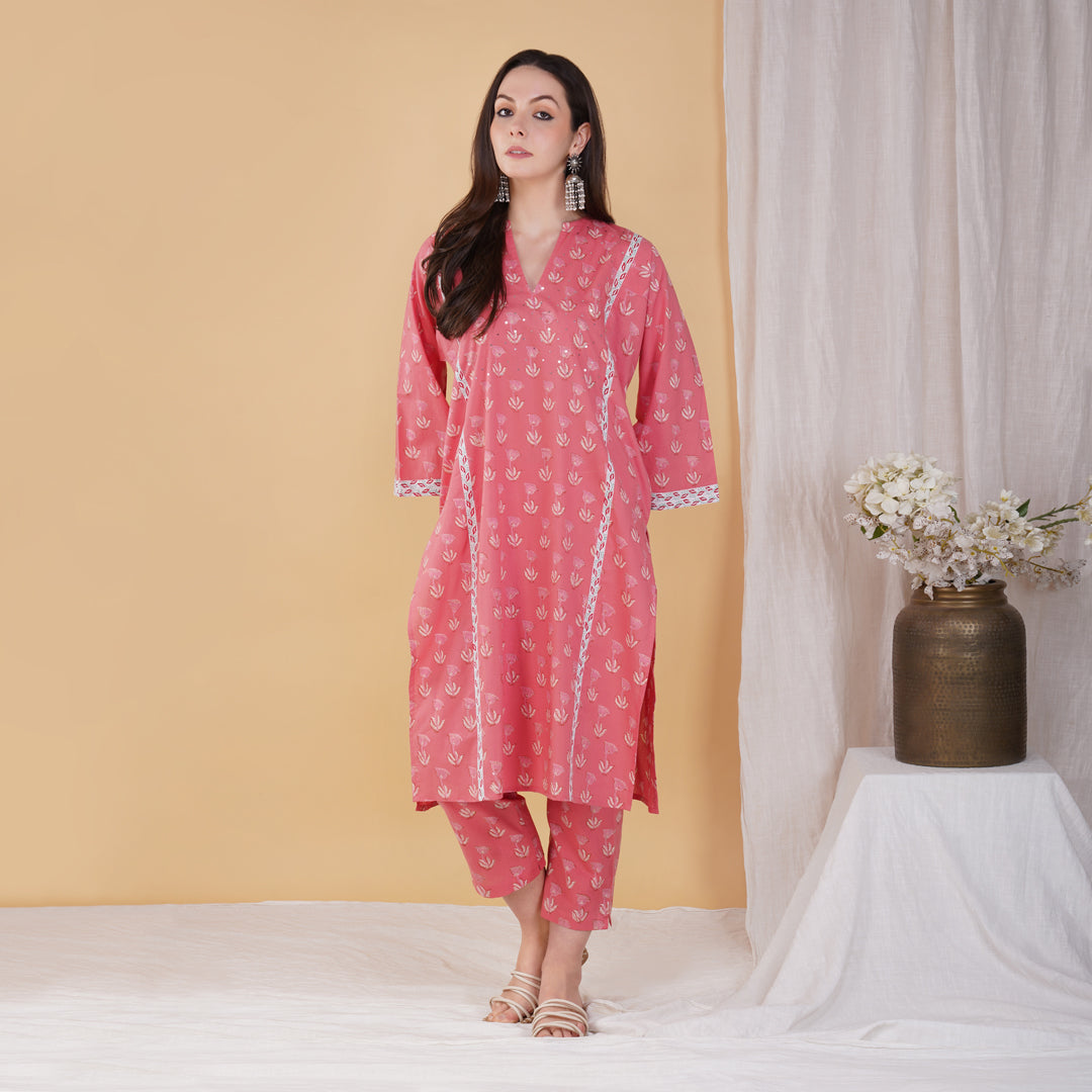 Pink Hand Block Printed Phiran Style Kurta with Hand Embroidery Set with Pants (Set of 2)