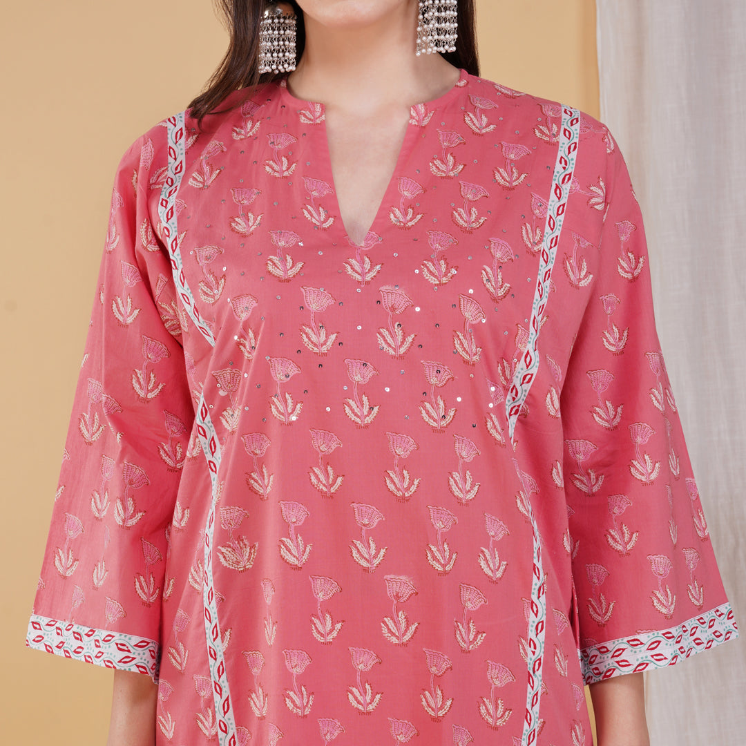 Pink Hand Block Printed Phiran Style Kurta with Hand Embroidery Set with Pants (Set of 2)