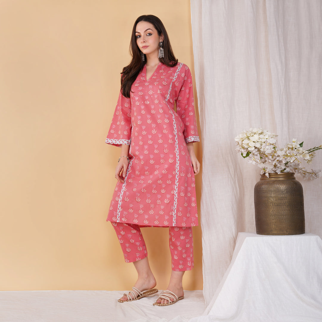 Pink Hand Block Printed Phiran Style Kurta with Hand Embroidery Set with Pants (Set of 2)