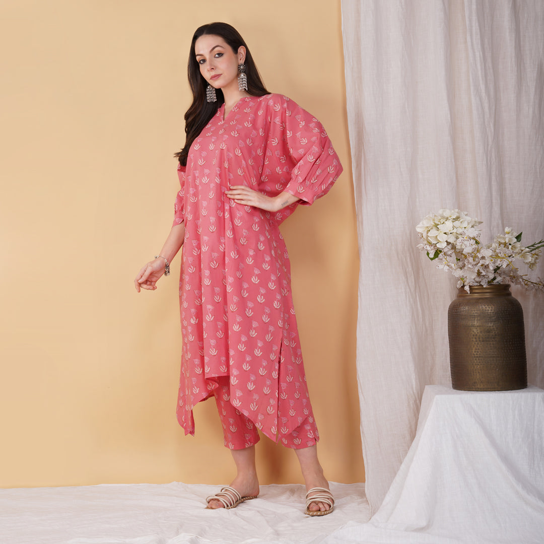 Pink Hand Block Printed Assymetrical Kaftan With Pants (Set of 2)