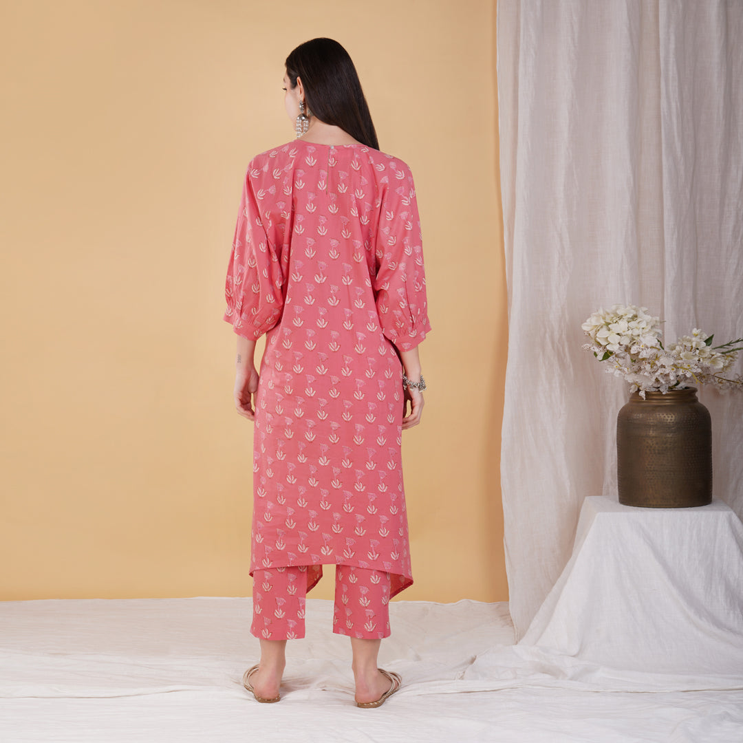 Pink Hand Block Printed Assymetrical Kaftan With Pants (Set of 2)