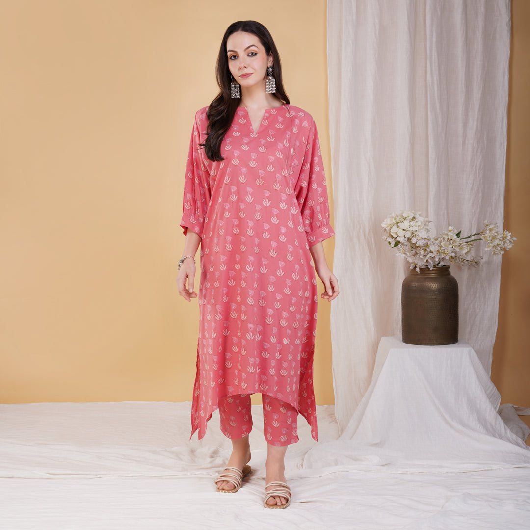 Pink Hand Block Printed Assymetrical Kaftan With Pants (Set of 2)