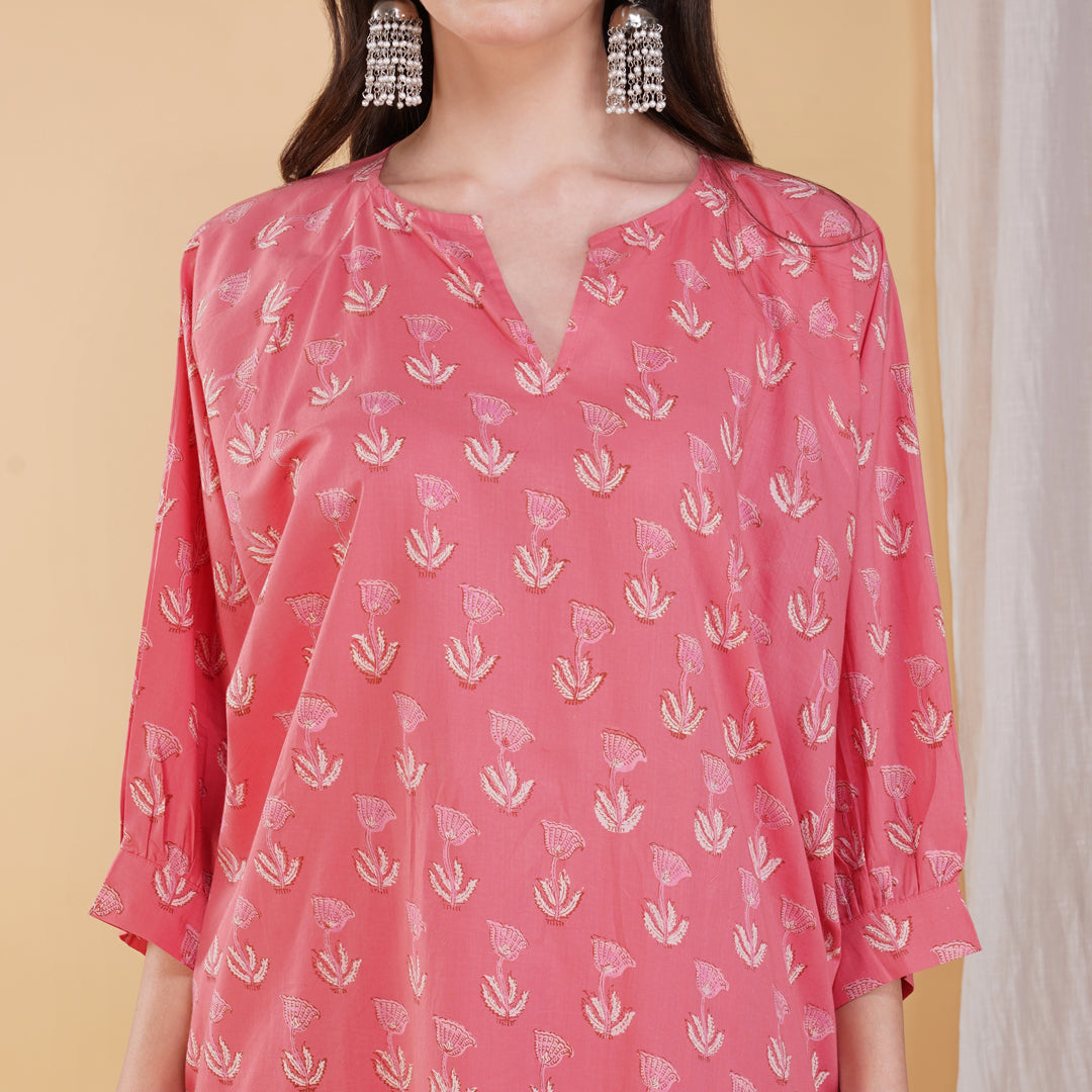 Pink Hand Block Printed Assymetrical Kaftan With Pants (Set of 2)