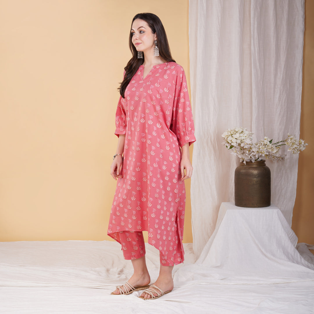 Pink Hand Block Printed Assymetrical Kaftan With Pants (Set of 2)