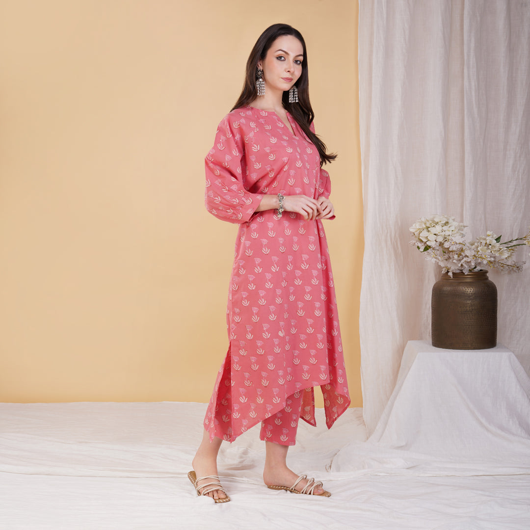 Pink Hand Block Printed Assymetrical Kaftan With Pants (Set of 2)