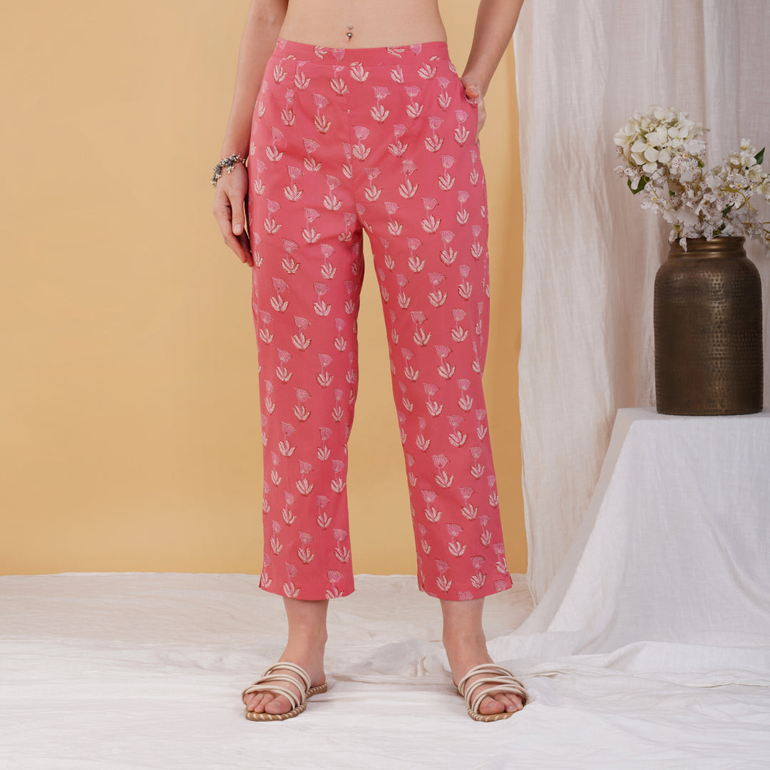 Pink Hand Block Printed Assymetrical Kaftan With Pants (Set of 2)