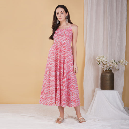 Pink Star Hand Block Printed Long Flared Dress with Spaghetti Straps and Smocked Back